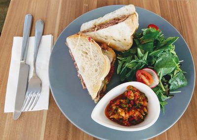 High angle view of breakfast served on table