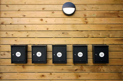 Close-up of post boxes on modern build wall.