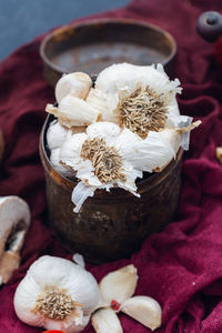 High angle view of garlic in container