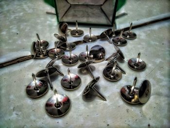 High angle view of christmas decorations on table