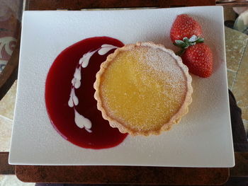 Close-up of dessert served on table