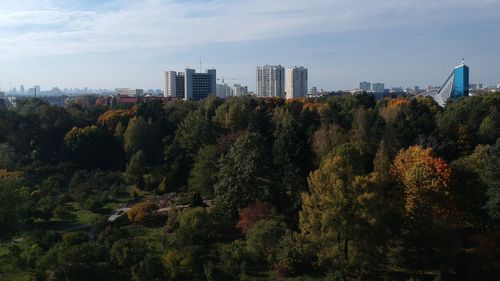 Trees and buildings in city against sky