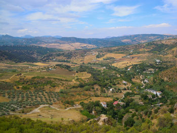 Scenic view of landscape and mountains against sky