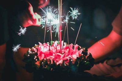 Close-up of hand holding illuminated flower