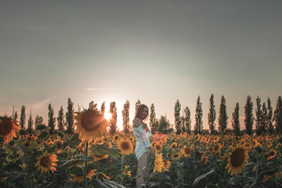 Side view of woman standing amidst sunflowers on field against sky during sunset