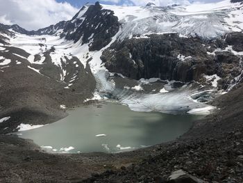 Scenic view of frozen lake and snowcapped mountains