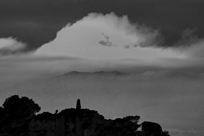 Scenic view of silhouette mountain against sky at dusk