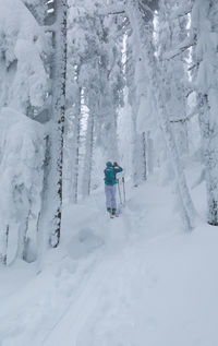 Rear view of person on snow covered field