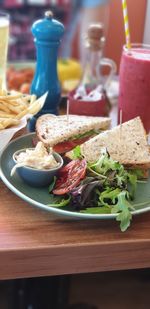 Close-up of food served on table