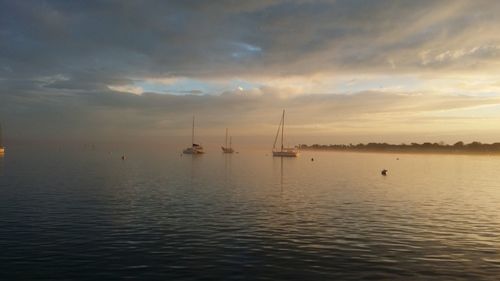 Boats in sea at sunset