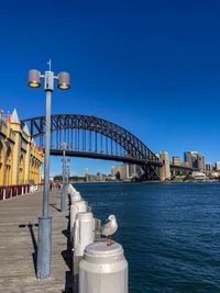 View of city by sea against clear blue sky