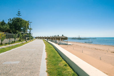 Scenic view of beach against clear blue sky