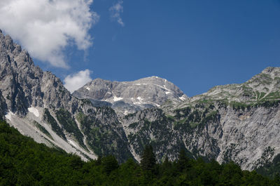 Low angle view of majestic mountains against sky