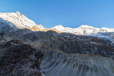 Scenic view of snowcapped mountains against clear blue sky