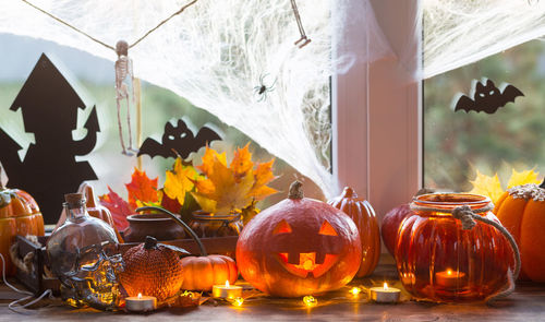 View of various pumpkins on table