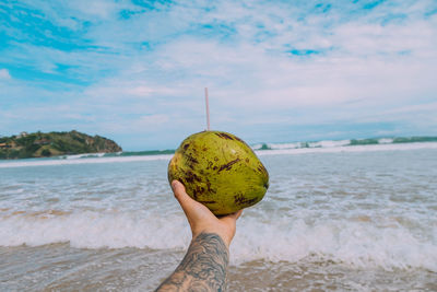 Cropped hand holding coconut at beach