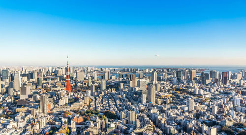 Aerial view of cityscape against clear sky during sunset