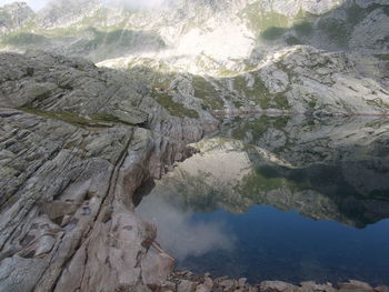 High angle view of lake with mountain in background