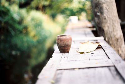 An empty vase placed by the river taken by film camera