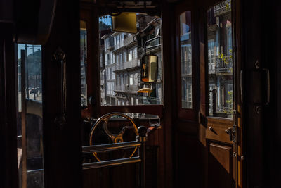 Interior of the rear cabin of one of porto's historic trams still in service on line 1. 