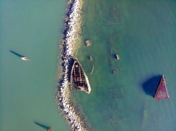 High angle view of birds flying over sea