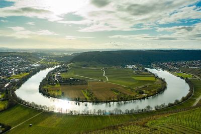 High angle view of agricultural field against sky