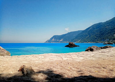 Scenic view of sea against clear blue sky