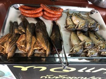 High angle view of fish on table