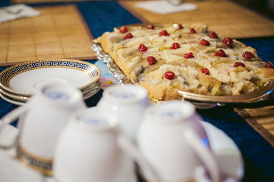 High angle view of food in plate on table