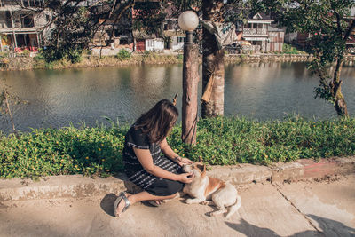 View of dog by lake