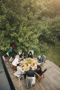 High angle view of people eating food