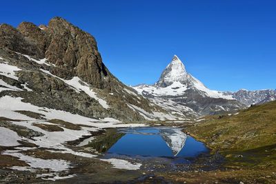 Scenic view of snowcapped mountains against clear blue sky