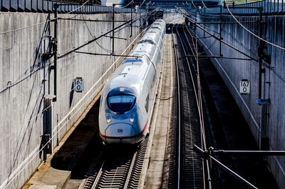 High angle view of train at railroad station