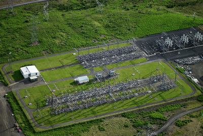 Aerial shot of electric power transformation station in iceland