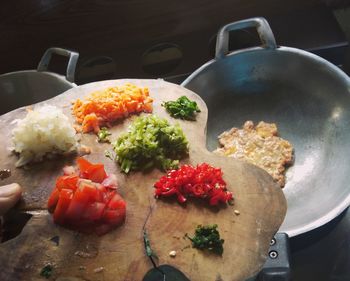 High angle view of breakfast served on table