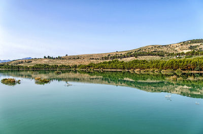 Scenic view of lake against clear blue sky