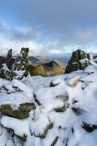 Scenic view of snow covered mountains against sky