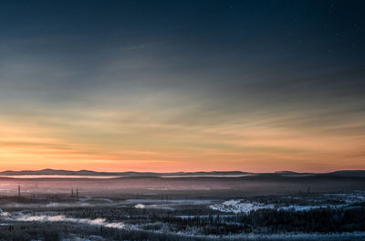 Scenic view of snow field against sky during sunset