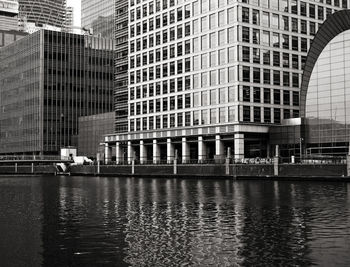 Modern buildings by river in city