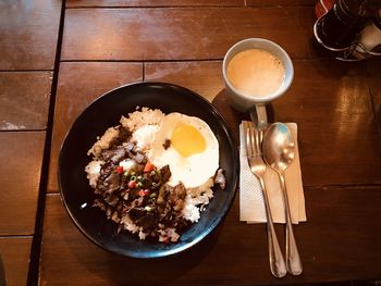 High angle view of breakfast served on table