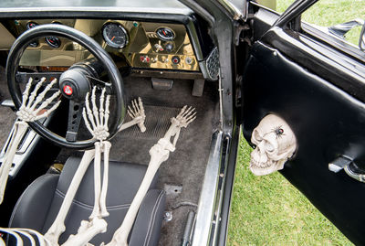 High angle view of human skeleton in car