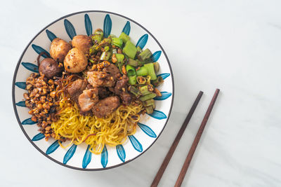 High angle view of food in plate on table