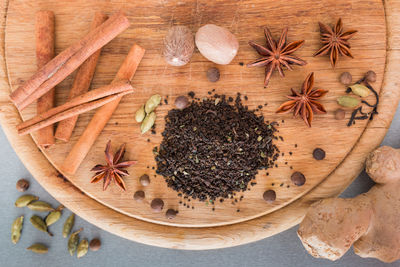 High angle view of ingredients on cutting board over table