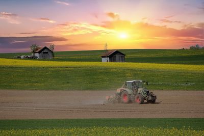 Scenic view of agricultural field against sky during sunset