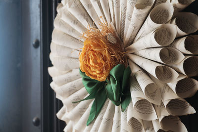 High angle view of white flower on table