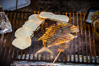 Close-up of meat on barbecue grill