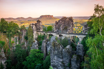 Panoramic view of rock formations at sunset