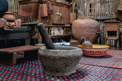 Variety and types of utensils for simple cooking of asian families in the past. 