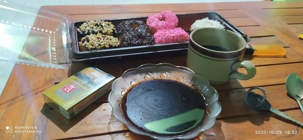 High angle view of cake in bowl on table