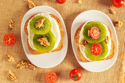 High angle view of fruits served on table